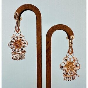 Antique Filigree Chandelier Earrings Gold Plated Over Brass Screw Back Floral